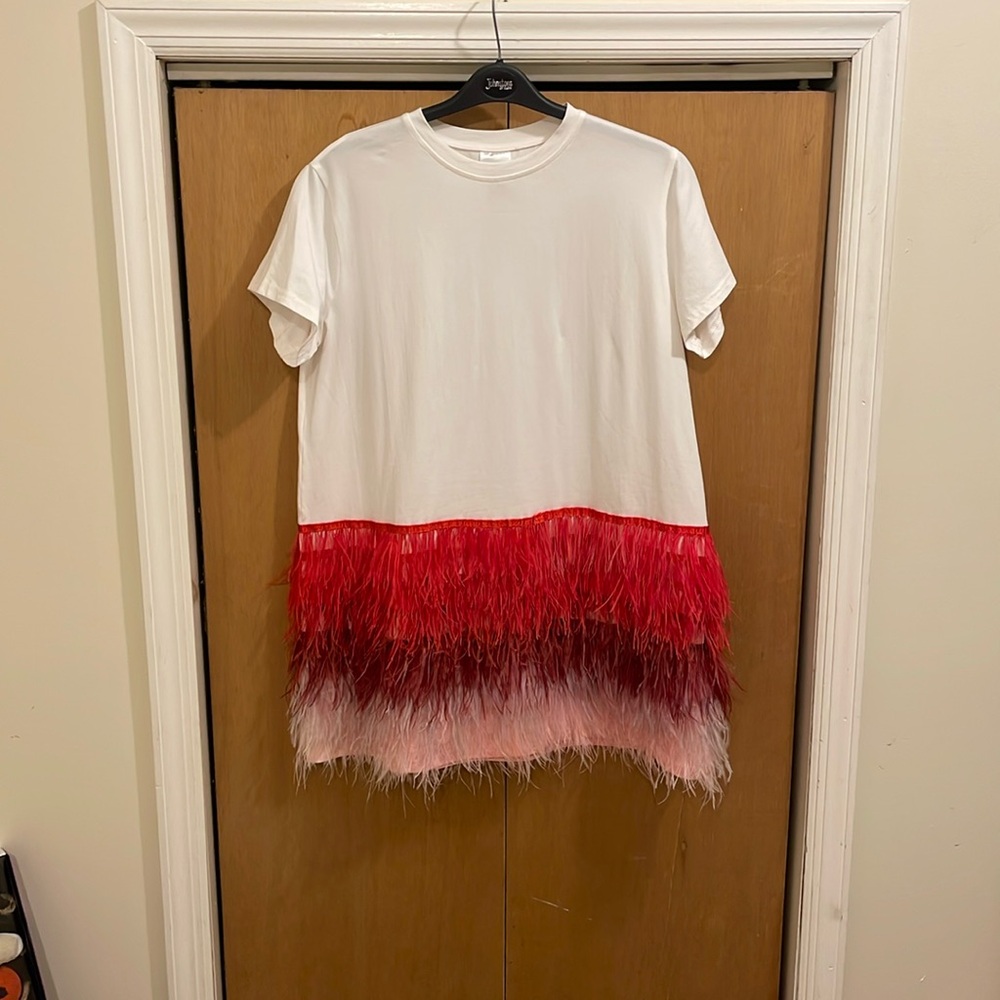 Queen of sparkles pink & red feather bottom dress
